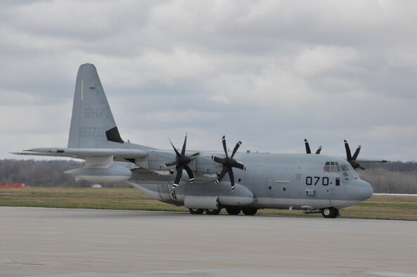 A Marine Corps KC-130J from the 252 Marine Aerial Refueler Transport Squadron, Marine Aircraft Group 14, 2nd Marine Aerial Wing, Marine Corps Air Station, Cherry Point, North Carolina taxis on the Wright-Patterson Air Force Base ramp while preparing for takeoff to provide airlift support for a static-line jump for about 50 members of the Army Reserve's 412th Civil Affairs Battalion from Whitehall, Ohio, March 19, 2016. (U.S. Air Force photo/ Wesley Farnsworth)