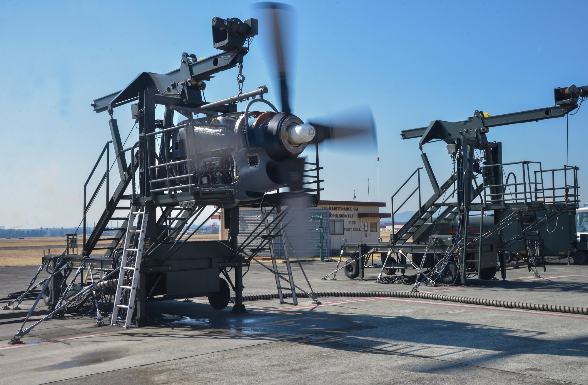 A 374th Maintenance Squadron propulsion flight engine goes through a test at Yokota Air Base, Japan, March 3, 2016. Before the engine is approved to be used on an aircraft, it is required to successfully run at a minimum of 98 percent power. (U.S. Air Force photo by Senior Airman David Owsianka/Released)