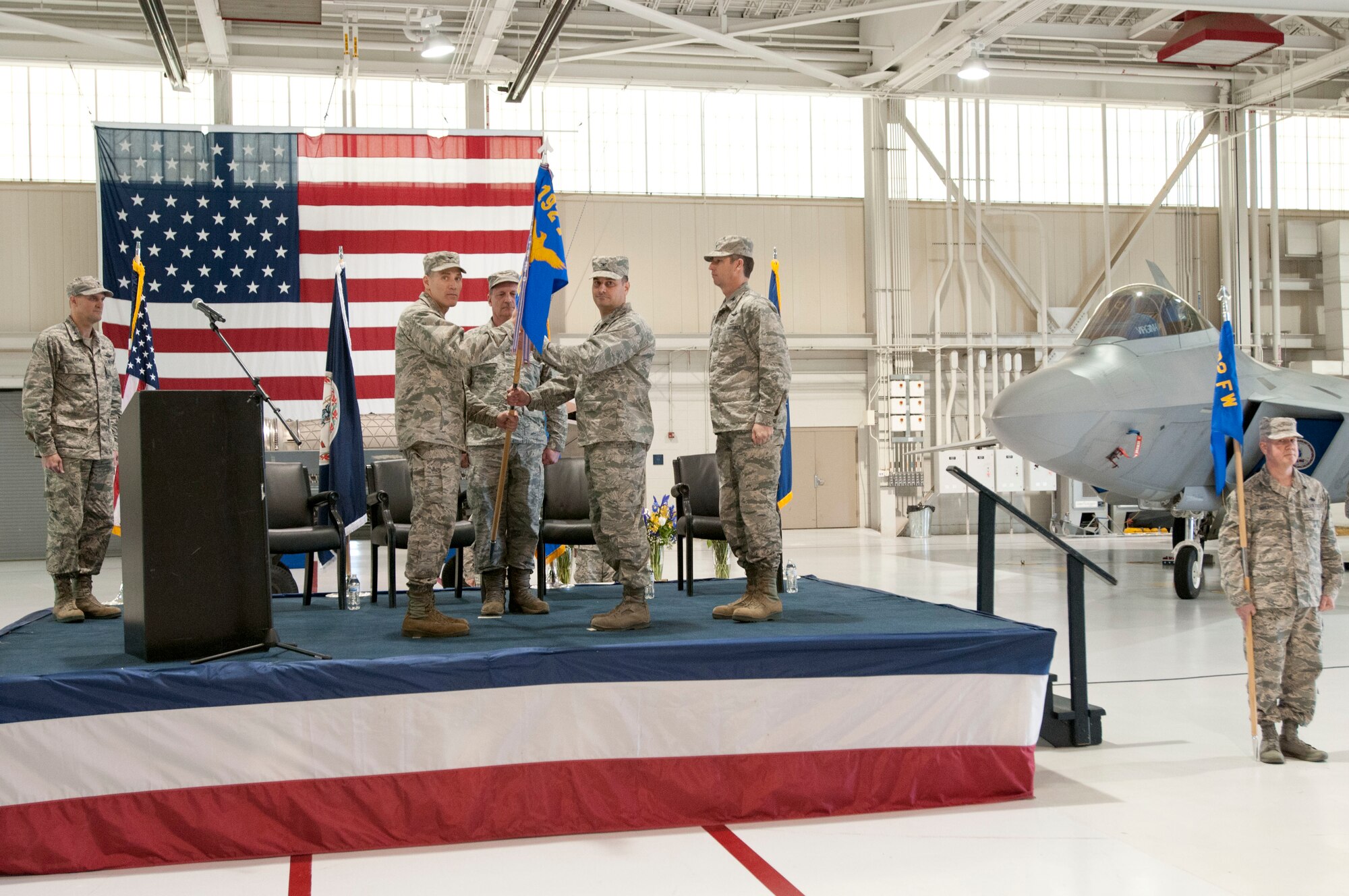The Virginia Air National Guard 192nd Fighter Wing welcomed Col. Stephen H. Bunting, former 192nd Maintenance Group commander, as the new Wing commander during a joint change of command ceremony March 19, 2016, at Joint Base Langley-Eustis, Virginia. (U.S. Air National Guard photo by Technical Sgt. Jonathan P. Garcia)