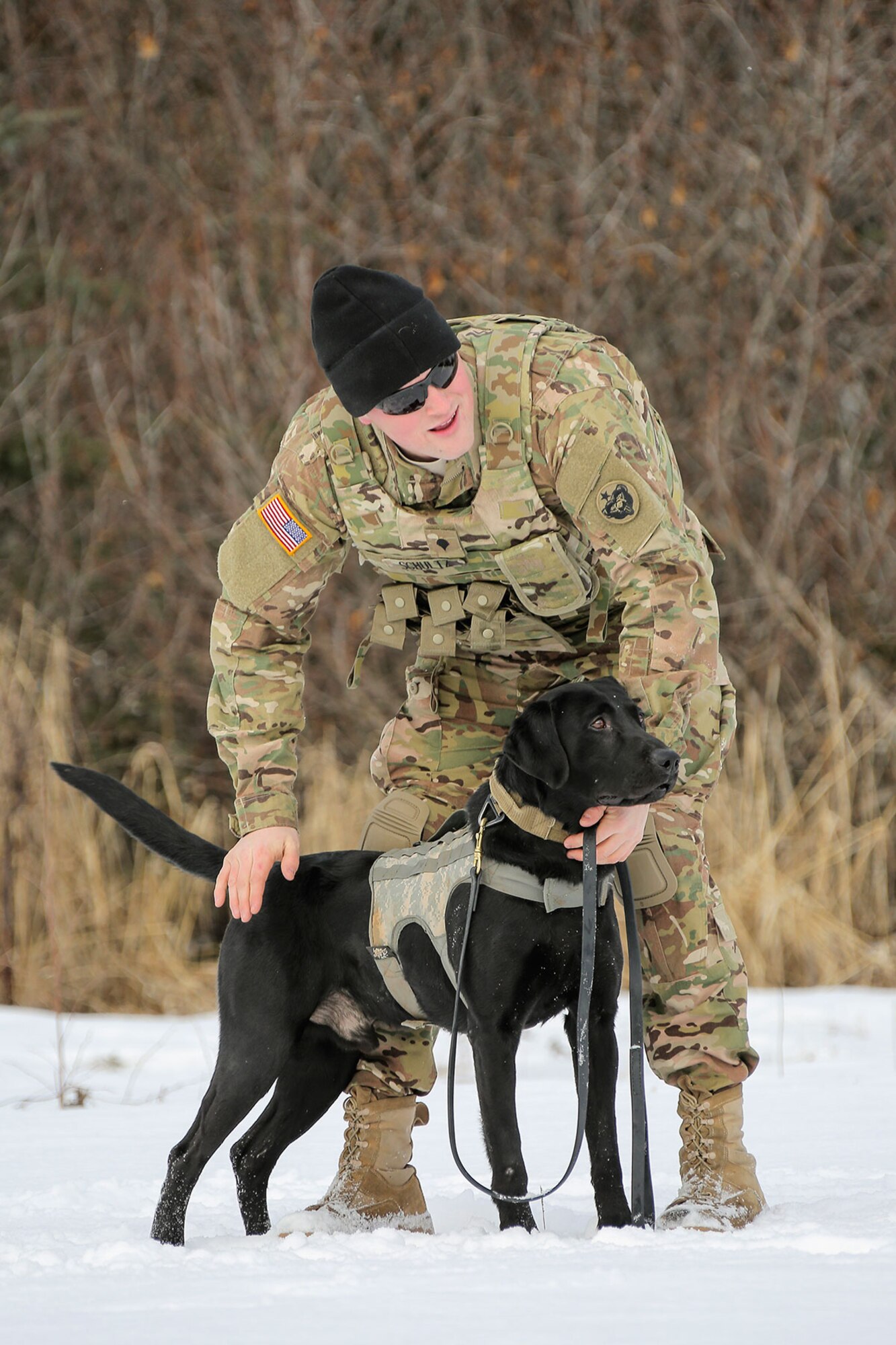 U.S. Army Spc. Jared Schultz and military working dog, Teddy, assigned to the 549th Military Working Dog Detachment, conduct K9 training at Joint Base Elmendorf-Richardson, Alaska, March 17, 2016. The Army military working dog handlers conducted the K9 training with their Air Force counterparts, assigned to the 673d Security Forces Squadron, to keep their teams flexible to respond to law enforcement emergencies and for overseas deployments. (U.S. Air Force photo/Alejandro Peña)