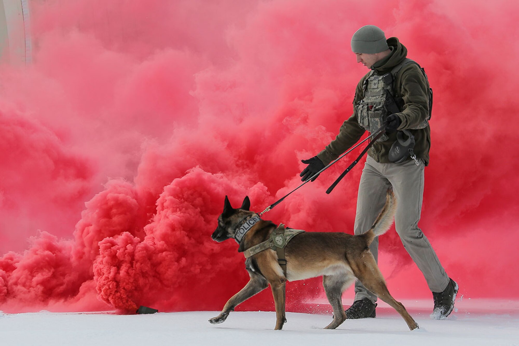 U.S. Air Force Staff Sgt. Joe Burns and military working dog, Ciko, assigned to the 673d Security Forces Squadron, conduct K-9 training at Joint Base Elmendorf-Richardson, Alaska, March 17, 2016. The Security Forces Airmen conducted the K-9 training with their Army counterparts, assigned to the 549th Military Working Dog Detachment, to keep their teams flexible to respond to law enforcement emergencies and for overseas deployments. (U.S. Air Force photo/Alejandro Peña)