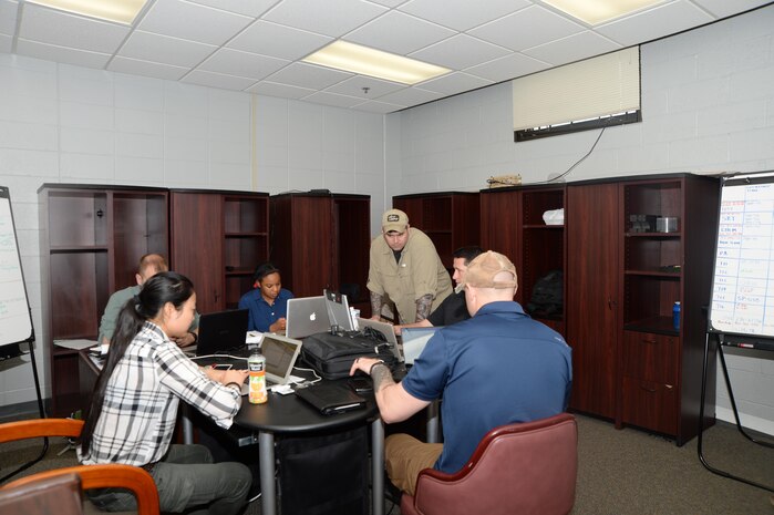 Members of the 97th Civil Affairs Battalion, Ft. Bragg, N.C., train aboard the Marine Corps Logistics Base Albany recently. The exercise was in an effort to identify civil vulnerabilities and humanitarian disaster response issues in a rural community and provide solutions.