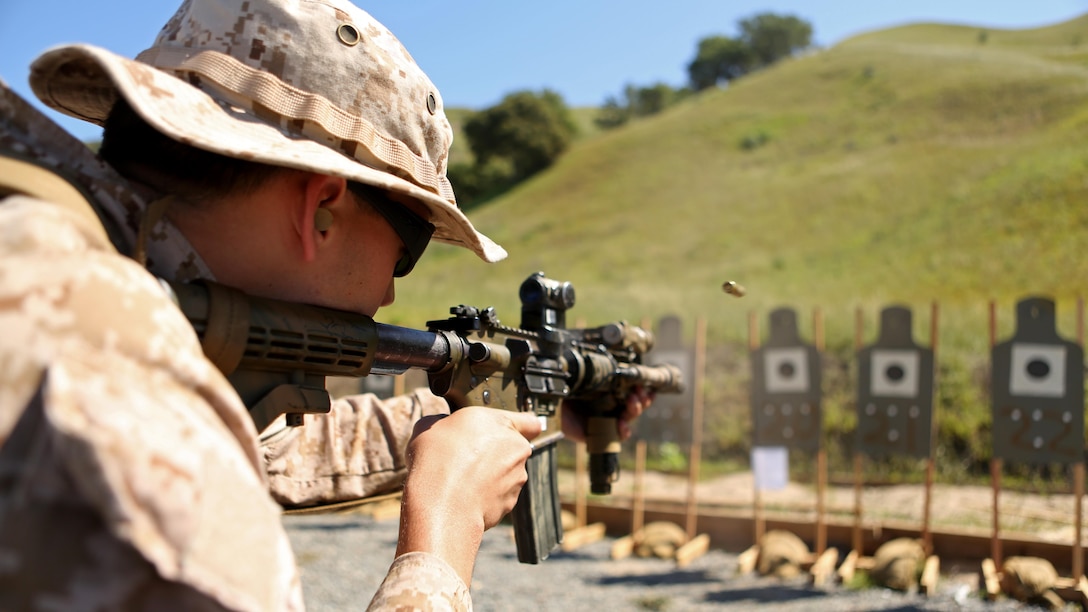 A Marine with Company A, 1st Reconnaissance Battalion performs rifle drills during a combat marksmanship program led by Expeditionary Operations Training Group March 17, 2016 at Marine Corps Base Camp Pendleton, California. The shooting package helps to better prepare these Marines for an upcoming deployment with the 11th Marine Expeditionary Unit.