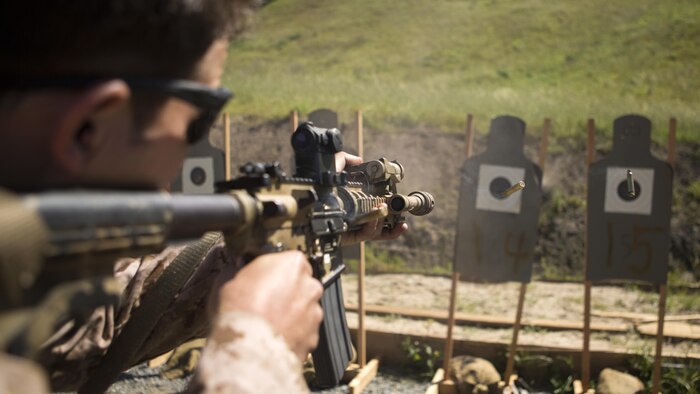 A Marine with Company A, 1st Reconnaissance Battalion performs rifle drills during a combat marksmanship program led by Expeditionary Operations Training Group March 17, 2016 at Marine Corps Base Camp Pendleton, California. The shooting package helps to better prepare these Marines for an upcoming deployment with the 11th Marine Expeditionary Unit.