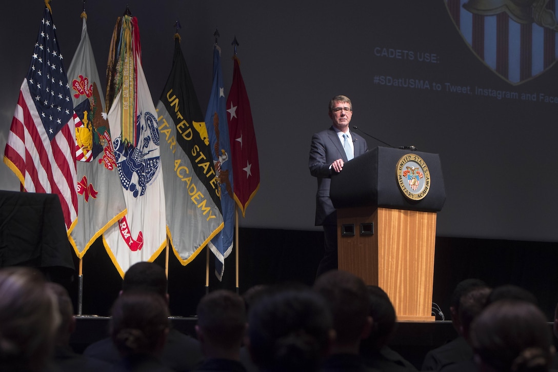 Defense Secretary Ash Carter addresses cadets during a visit to the United States Military Academy at West Point, March 23, 2016. DoD photo by Petty Officer 1st Class Tim D. Godbee