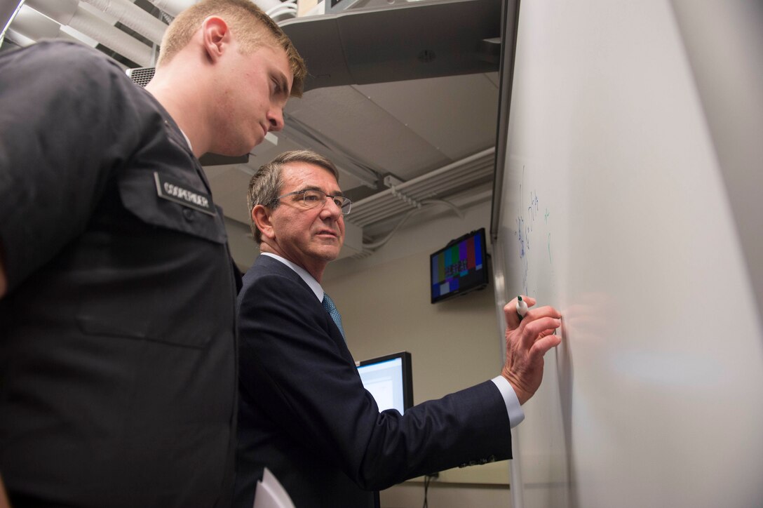 Defense Secretary Ash Carter reviews the principles of physics with cadets during his visit to the U.S. Military Academy in West Point, N.Y., March 23, 2016. DoD photo by Petty Officer 1st Class Tim D. Godbee