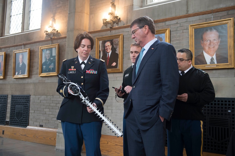 Defense Secretary Ash Carter is given a demonstration of a cyber rifle designed to shoot down drones during his visit to the U.S. Military Academy in West Point, N. Y., March 23, 2016. DoD photo by Petty Officer 1st Class Tim D. Godbee