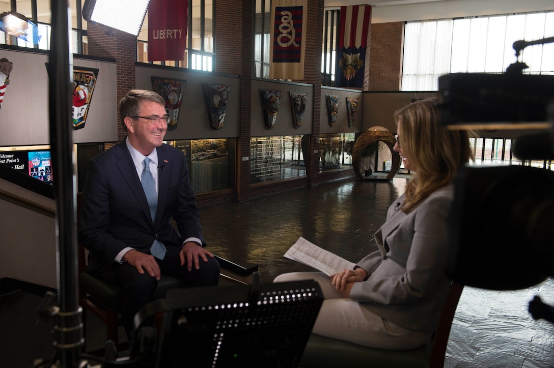 Defense Secretary Ash Carter is interviewed by CNN's Carol Costello Veranda during his visit to the U.S. Military Academy in West Point, N.Y., March 23, 2016. DoD photo by Petty Officer 1st Class Tim D. Godbee