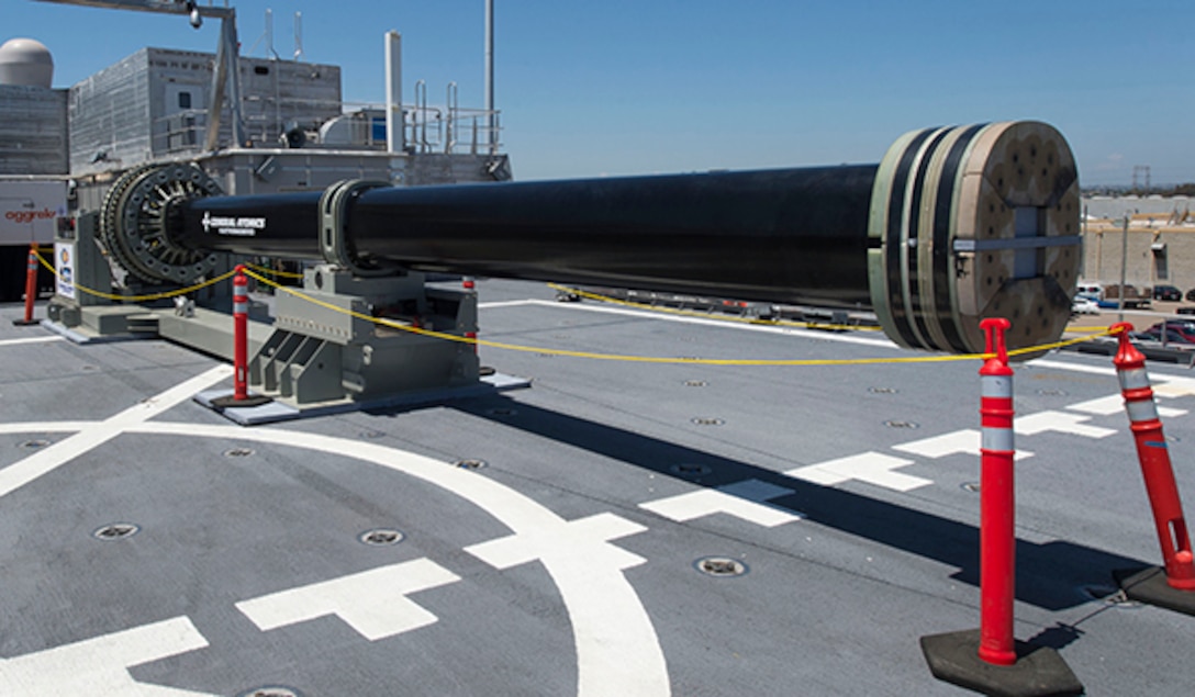 One of two electromagnetic railgun prototypes on display aboard the USS Millinocket in port at Naval Base San Diego. The railguns are being displayed in San Diego as part of the Electromagnetic Launch Symposium. Navy photo by Petty Officer 2nd Class Kristopher Kirsop