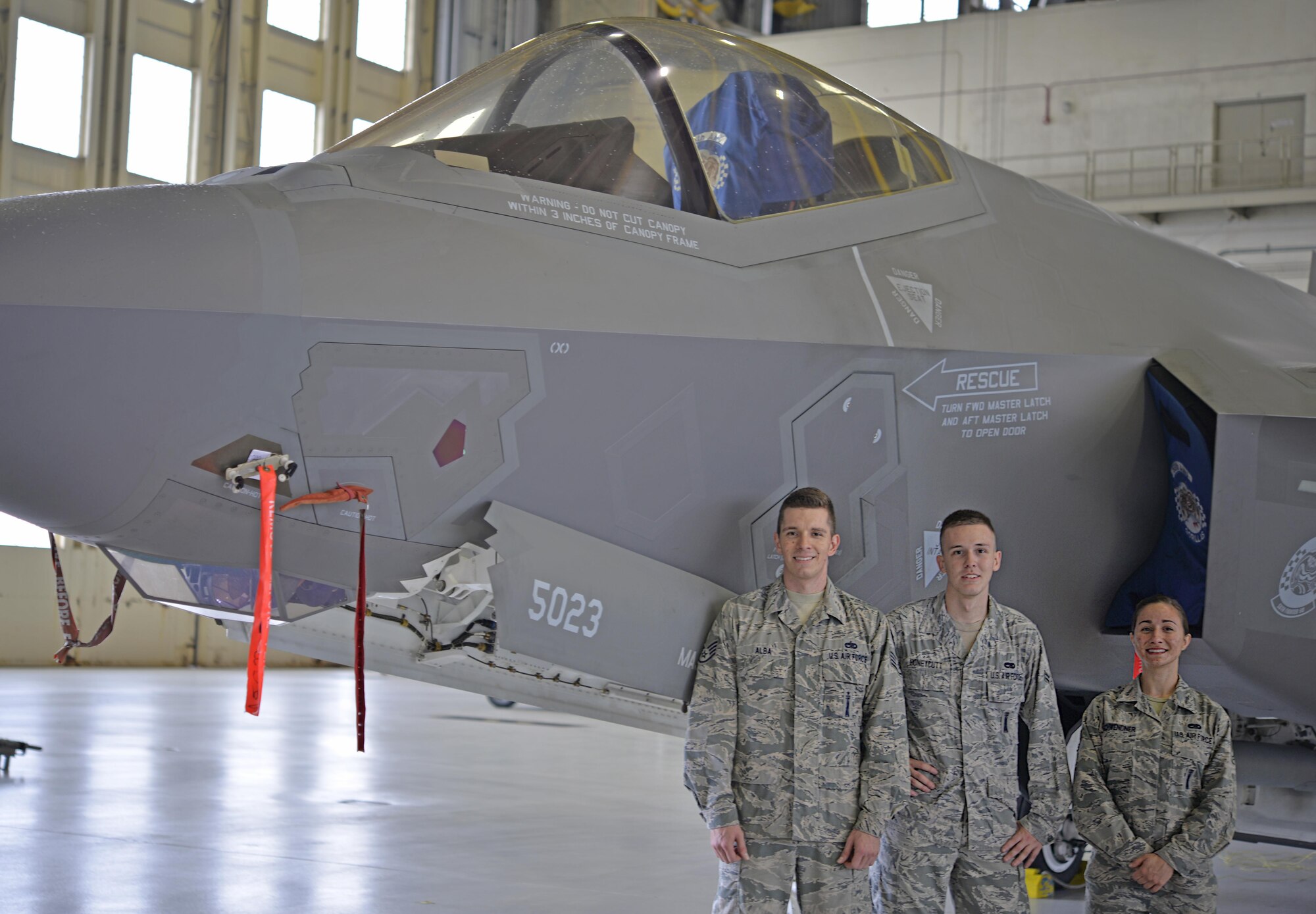 Load crew four from the 33rd Fighter Wing stand with the F-35A Lightning II before a load competition begins at Eglin Air Force Base, Fla., March 18, 2016. This team won the right to go up against the 96th Test Wing in a base wide load competition where the F-35, F-15 Eagle and F-16 Fighting Falcon were loaded to prove who base’s best load team was. During this competition Airmen from both wings competed in a uniform inspection, a written test, a tool box inspection and an integrated load. (U.S. Air Force photo/Staff Sgt. Tarelle Walker)