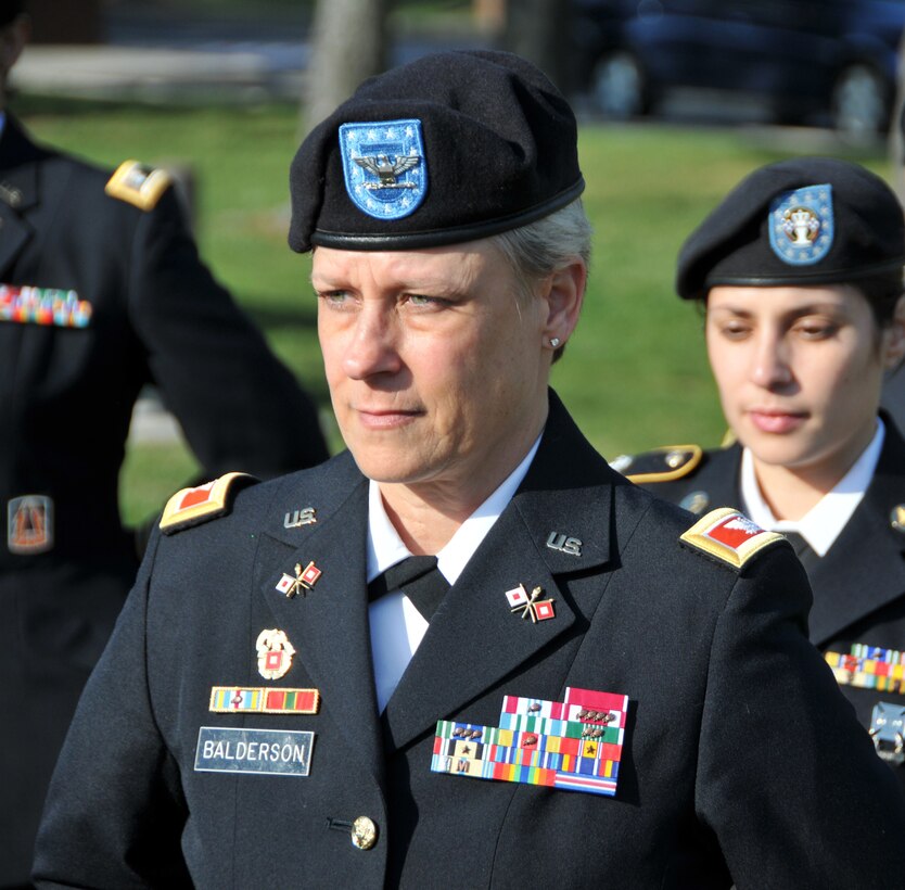 Col. Shelly Balderson, commander of Army Support Activity-Dix, prepares for a special ceremony March 23 as part of Women's History Month in which the flag was lowered by women of all branches of service on Joint Base McGuire-Dix-Lakehurst, New Jersey.
