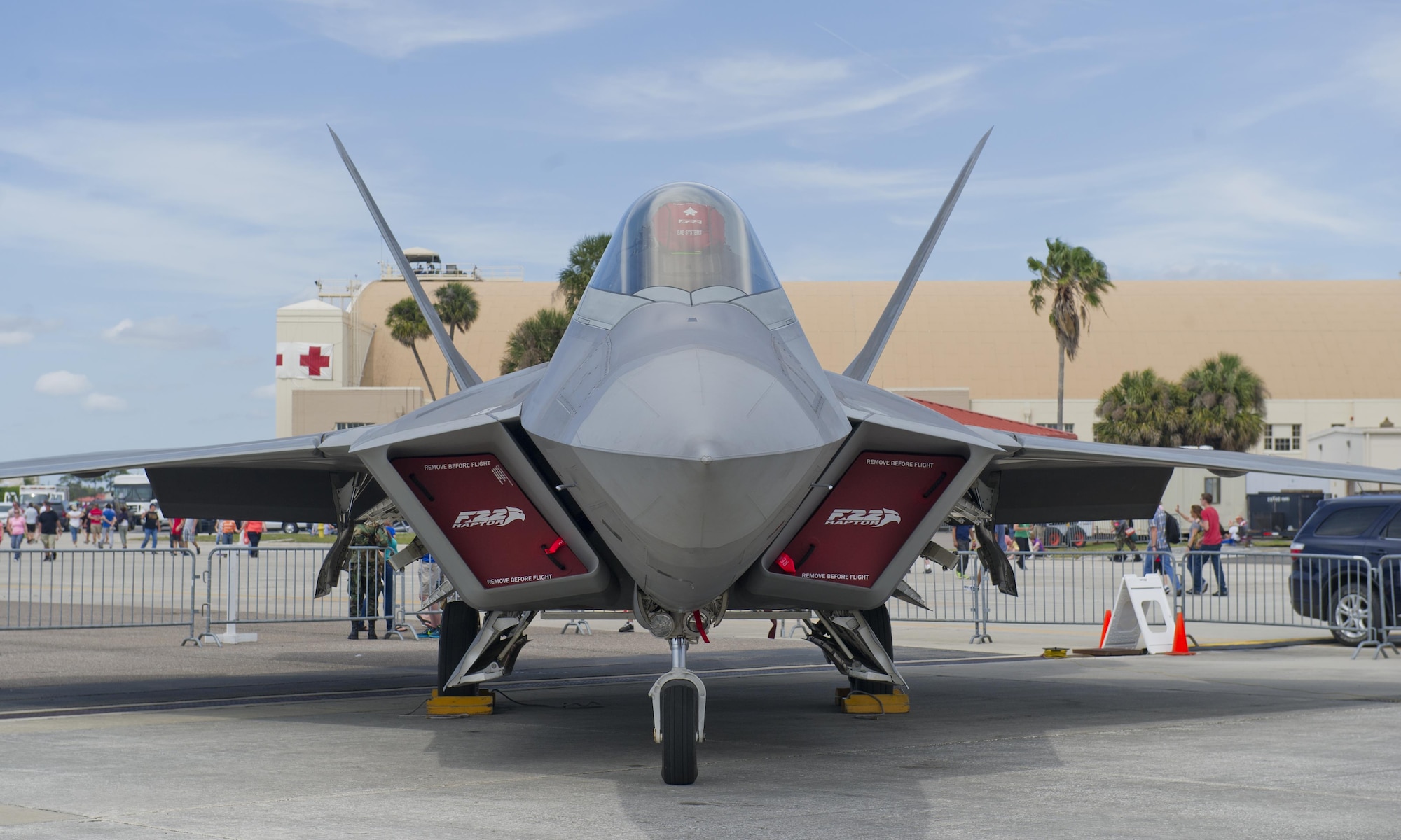 A Tyndall F-22 Raptor sits on the flightline during the Tampa Bay AirFest 2016 at MacDill Air Force Base, Fla., March 20, 2016. AirFest offered the public an opportunity to meet the men and women of the armed forces and see military equipment through the efforts of active duty, guard and reserve service members, as well as civilian employees, retirees and family members. (U.S. Air Force photo by Senior Airman Alex Fox Echols III/Released)