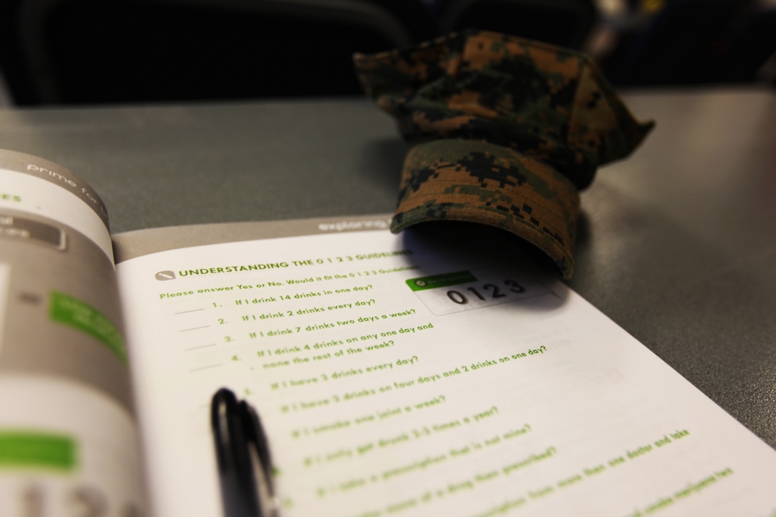 A workbook lies open during a Prime for life prevention course at Marine Corps Air Station Cherry Point, N.C., March 17, 2016. Prime for Life is an evidence-based prevention course that helps identify risks associated with alcohol and drug abuse, as well as promote skills for making low-risk choices.  Prime for Life also emphasizes self-assessment, which provides guidance to individuals on how to better understand and accept the need to change personal behaviors. (U.S. Marine Corps photo by Pfc. Nicholas P. Baird/Released) 