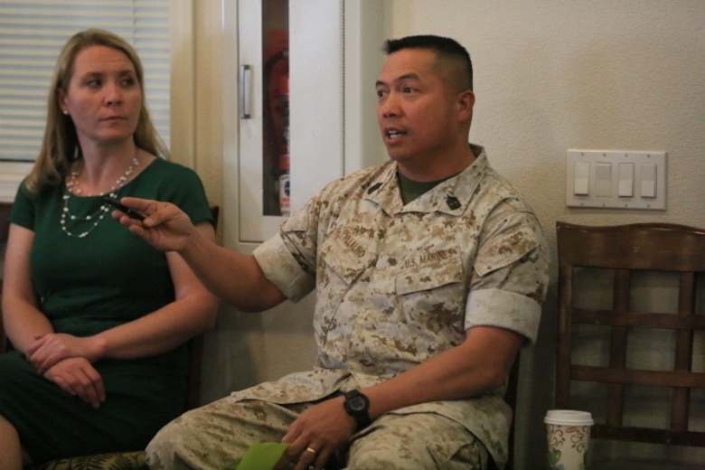 Sgt. Maj. Karl Villalino, Combat Center Sergeant Major, discusses how the Combat Center command plans to handle any housing issues that arise during the board’s meeting at the Ocotillo Community Center, March 17, 2016. The RAB was created March 2015, and was designed to promote the sharing of information to resolve issues and facilitate positive changes, to improve the quality of life for service members and their families who live in base housing. (Official Marine Corps photo by Cpl. Julio McGraw/Released)
