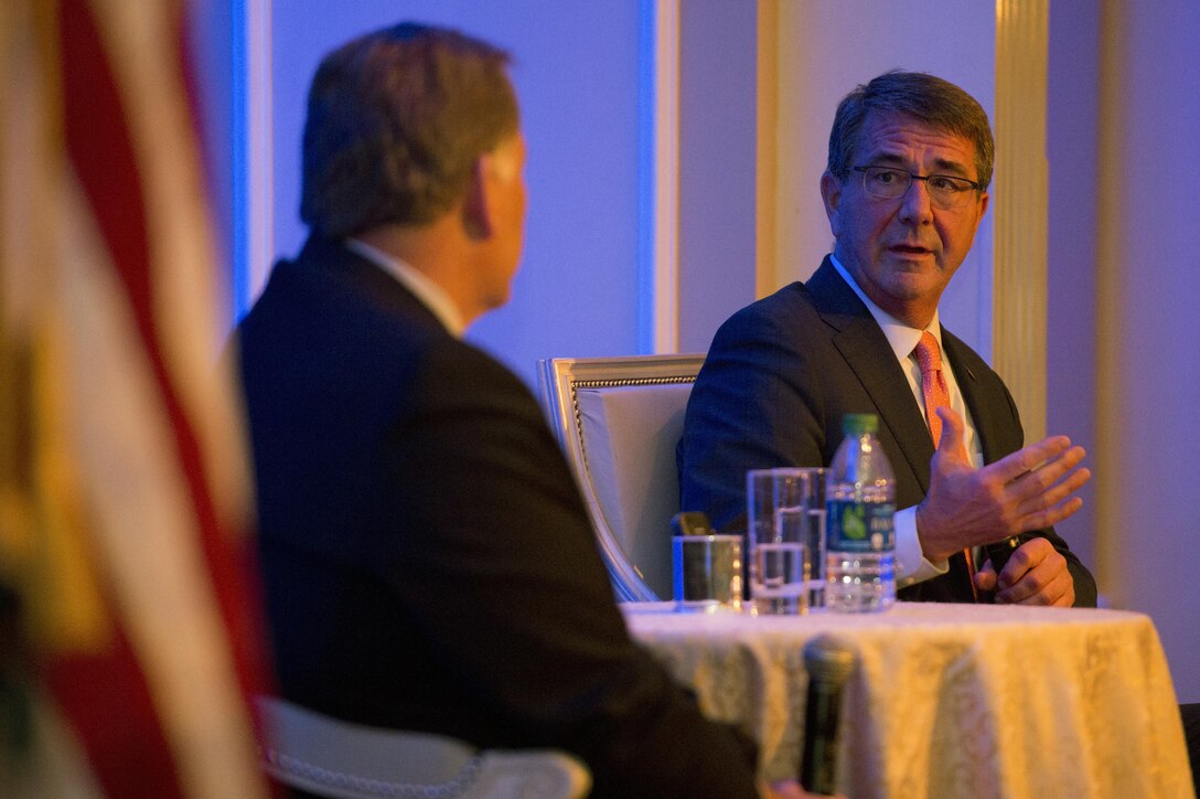 Defense Secretary Ash Carter, right, answers questions during a discussion with Mike Rogers during the Center for the Study of the Presidency and Congress awards dinner in Washington, D.C., March 23, 2016. Carter received the Eisenhower Award for leadership in national security affairs. DoD photo by Air Force Senior Master Sgt. Adrian Cadiz