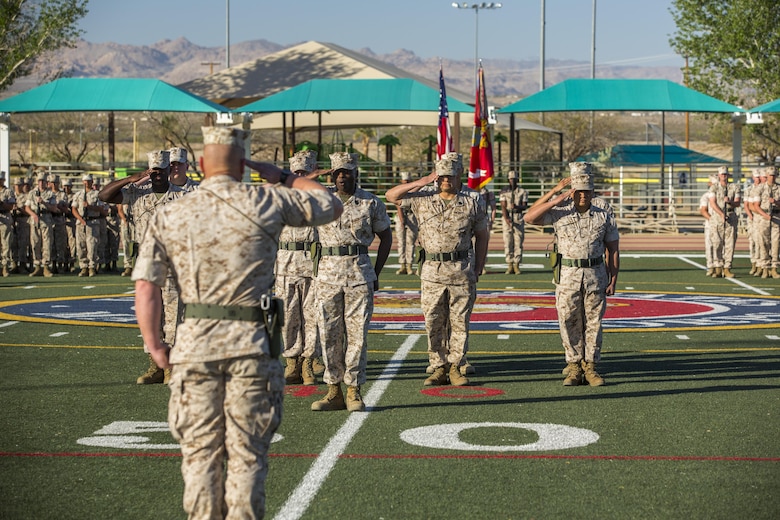 Lt. Col. Philip C. Laing, battalion commander, 3rd Light Armored Reconnaissance Battalion, salutes battalion staff during the battalion’s relief and appointment ceremony at Felix Field March 18, 2016. During the ceremony, Sgt. Maj. Edward G. Zapata relinquished his position as battalion sergeant major of 3rd LAR to Sgt. Maj. Marcus A. Chestnut. (Official Marine Corps photo by Lance Cpl. Levi Schultz/Released)