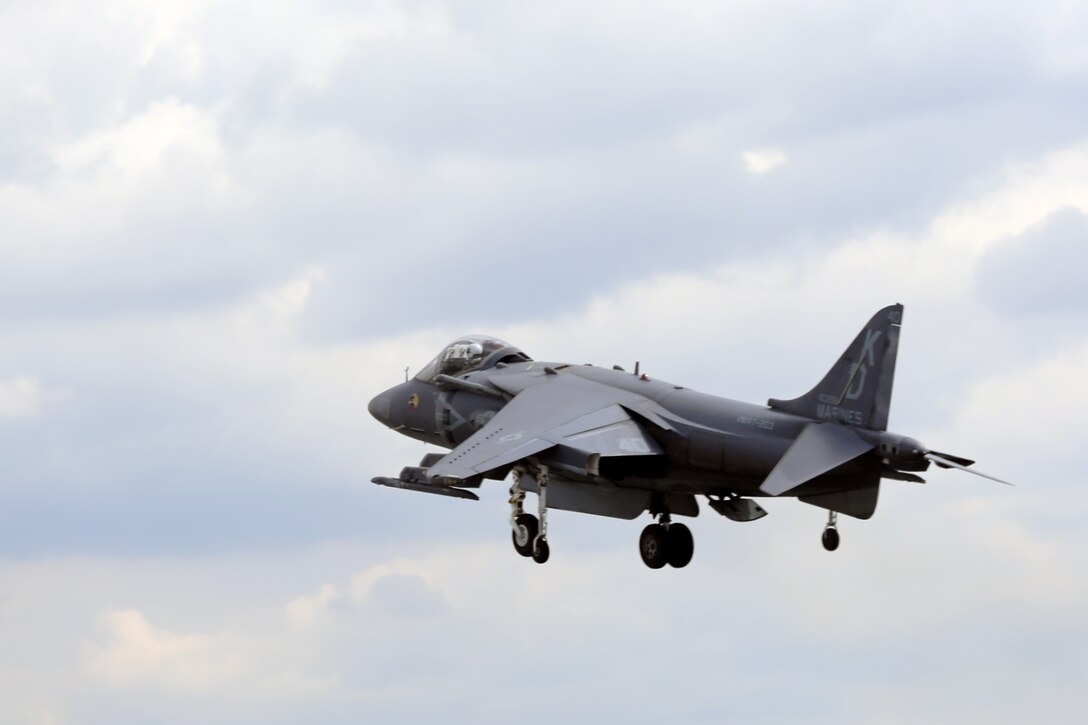 An AV-8B Harrier with Marine Attack Training Squadron 203 takes off from Marine Corps Air Station Cherry Point, N.C., March 21, 2016. VMAT-203’s mission is to train Marine Corps aviators to pilot Harriers in the fleet. The Harrier was the first Virtical/Short Takeoff and Landing-capable jet in the Marine inventory, giving Marine Air-Ground Task Force commanders new flexibility on the battlefield. (U.S. Marine Corps photo by Lance Cpl. Mackenzie Gibson/Released)
