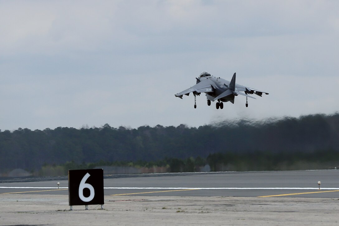 An AV-8B Harrier with Marine Attack Training Squadron 203 takes off from Marine Corps Air Station Cherry Point, N.C., March 21, 2016. VMAT-203’s mission is to train Marine Corps aviators to pilot Harriers in the fleet. The Harrier was the first Virtical/Short Takeoff and Landing-capable jet in the Marine inventory, giving Marine Air-Ground Task Force commanders new flexibility on the battlefield. (U.S. Marine Corps photo by Lance Cpl. Mackenzie Gibson/Released)