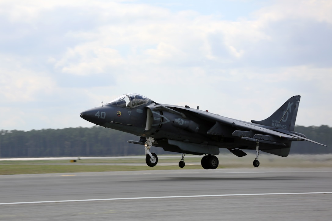 An AV-8B Harrier with Marine Attack Training Squadron 203 takes off from Marine Corps Air Station Cherry Point, N.C., March 21, 2016. VMAT-203’s mission is to train Marine Corps aviators to pilot Harriers in the fleet. The Harrier was the first Virtical/Short Takeoff and Landing-capable jet in the Marine inventory, giving Marine Air-Ground Task Force commanders new flexibility on the battlefield. (U.S. Marine Corps photo by Lance Cpl. Mackenzie Gibson/Released)