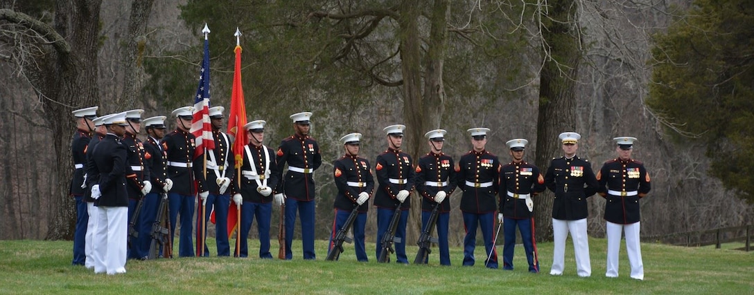 MCB Quantico Marines, who participated in the annual James Madison Wreath-Laying Ceremony held at Montpelier, March 16, receive a post-ceremony briefing.
