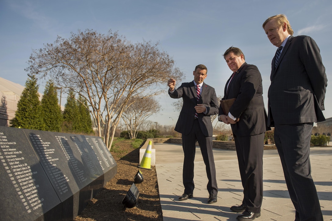 Norwegian State Secretary for Defense Oystein Bo, center, visits the 9/11 memorial at the Pentagon March 24, 2016, after meeting with Deputy Defense Secretary Bob Work. DoD photo by Air Force Senior Master Sgt. Adrian Cadiz
