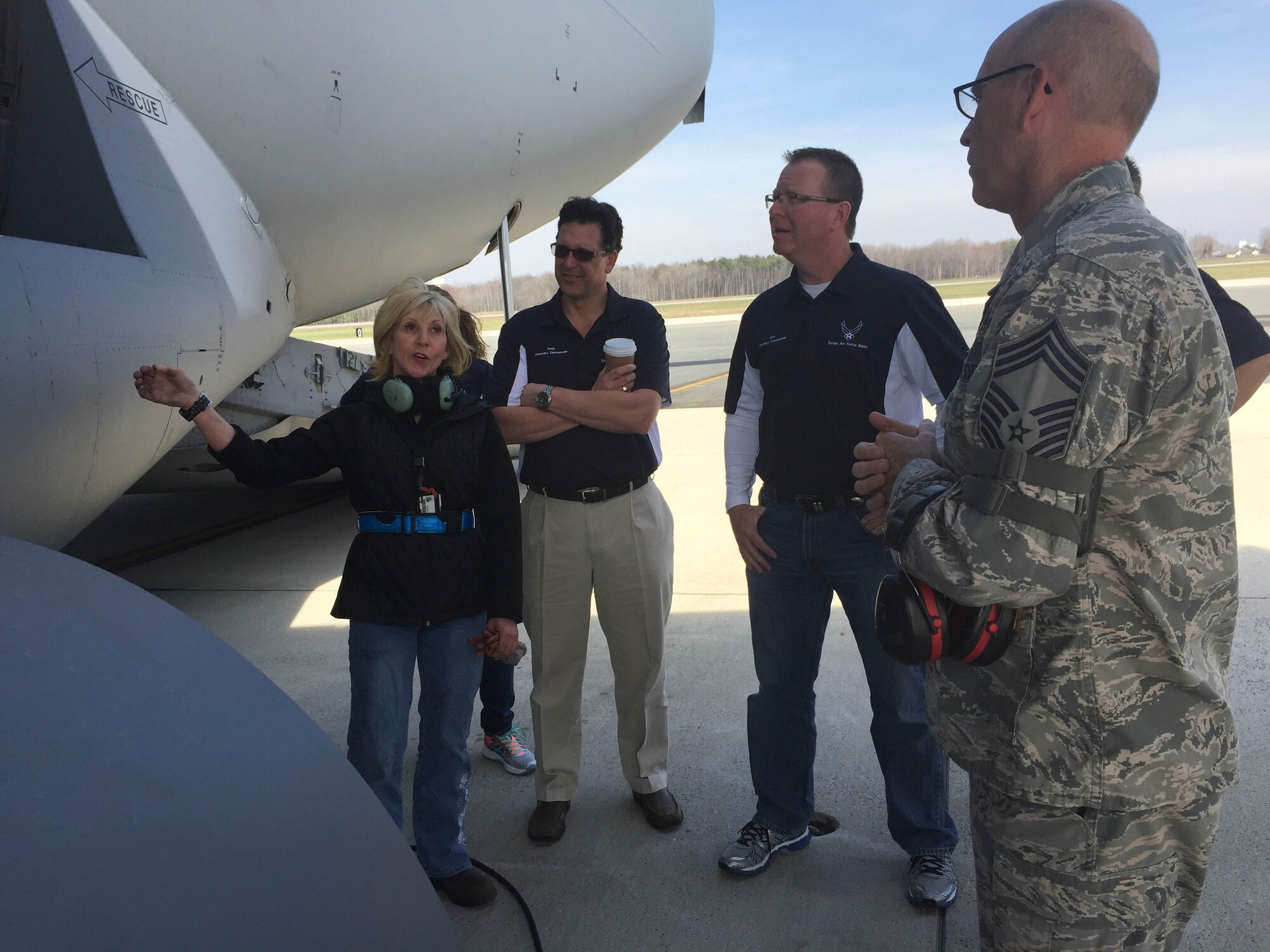 Team Dover honorary commanders experienced a tour of several Total Force maintenance missions March 24, 2016, on Dover Air Force Base, Del. The group observed a C-5M Super Galaxy undergoing an isochronal inspection, learned how the base’s aircraft fleet are de-iced and visited the nation’s largest aerial port. (U.S. Air Force photo/Veronica Aceveda)