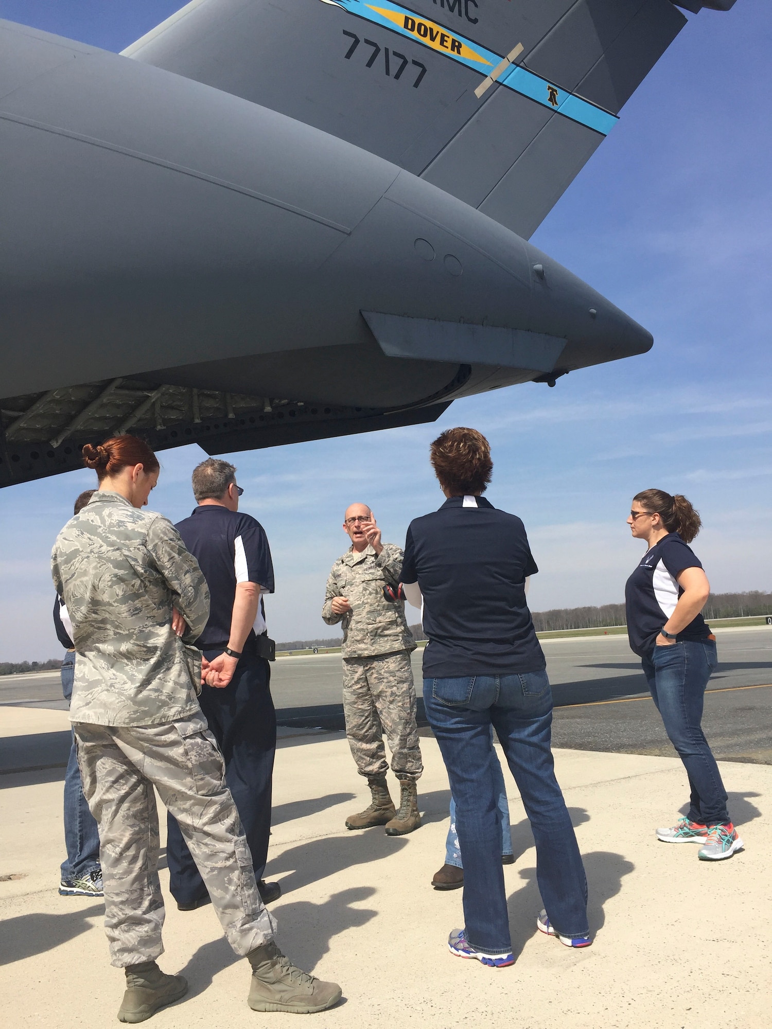 Team Dover honorary commanders experienced a tour of several Total Force maintenance missions March 24, 2016, on Dover Air Force Base, Del. The group observed a C-5M Super Galaxy undergoing an isochronal inspection, learned how the base’s aircraft fleet are de-iced and visited the nation’s largest aerial port. (U.S. Air Force photo/Veronica Aceveda)