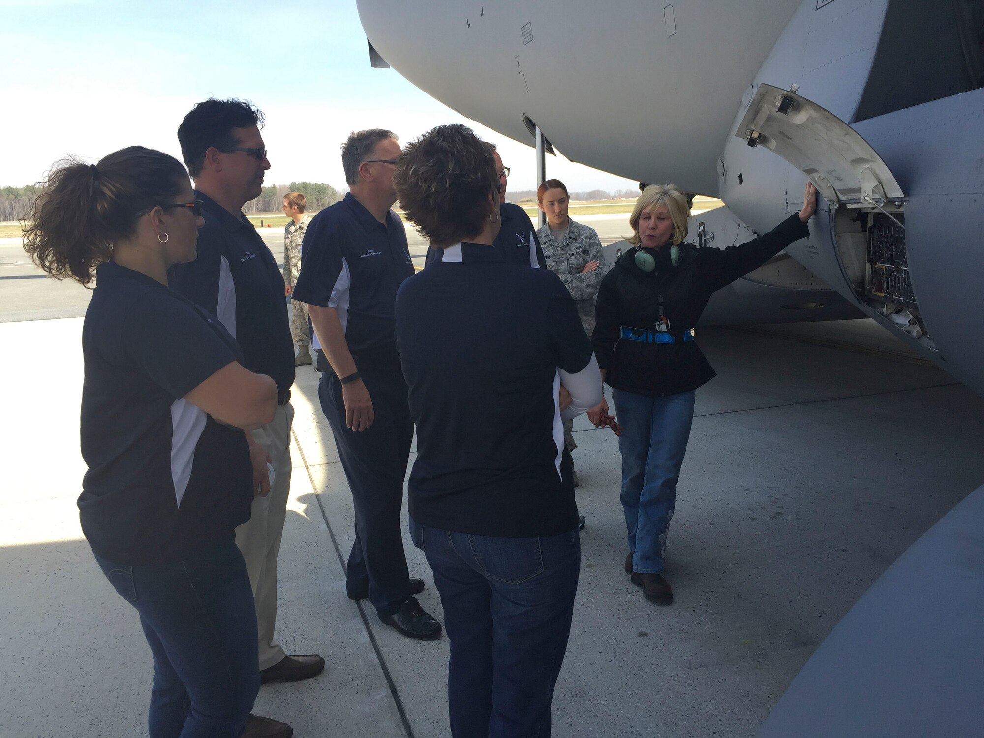 Team Dover honorary commanders experienced a tour of several Total Force maintenance missions March 24, 2016, on Dover Air Force Base, Del. The group observed a C-5M Super Galaxy undergoing an isochronal inspection, learned how the base’s aircraft fleet are de-iced and visited the nation’s largest aerial port. (U.S. Air Force photo/Veronica Aceveda)