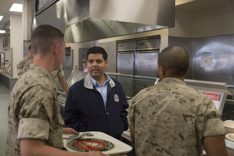 Congressman Raul Ruiz speaks to Marines at Phelps Mess Hall during his visit to the Combat Center, March 18, 2016. (Official Marine Corps photo by Cpl. Medina Ayala-Lo/Released)