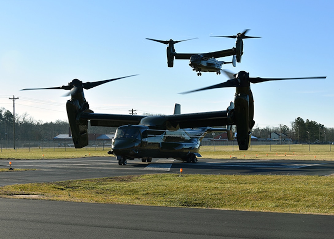 Two MCV-22 Osprey aircraft flew to Defense Supply Center Richmond March 1, 2016. Onboard is Defense Logistics Agency’s Marine Corps Deputy Commandant for Aviation Lt. Gen. Jon Davis who arrived to speak from the voice of the customer perspective on readiness, process excellence, and resiliency during the Senior Leader Conference held March 1-3, 2016. The Osprey was flown by the Marine Corps Squadron One and is the second landing on the Defense Supply Center Richmond’s helipad. 