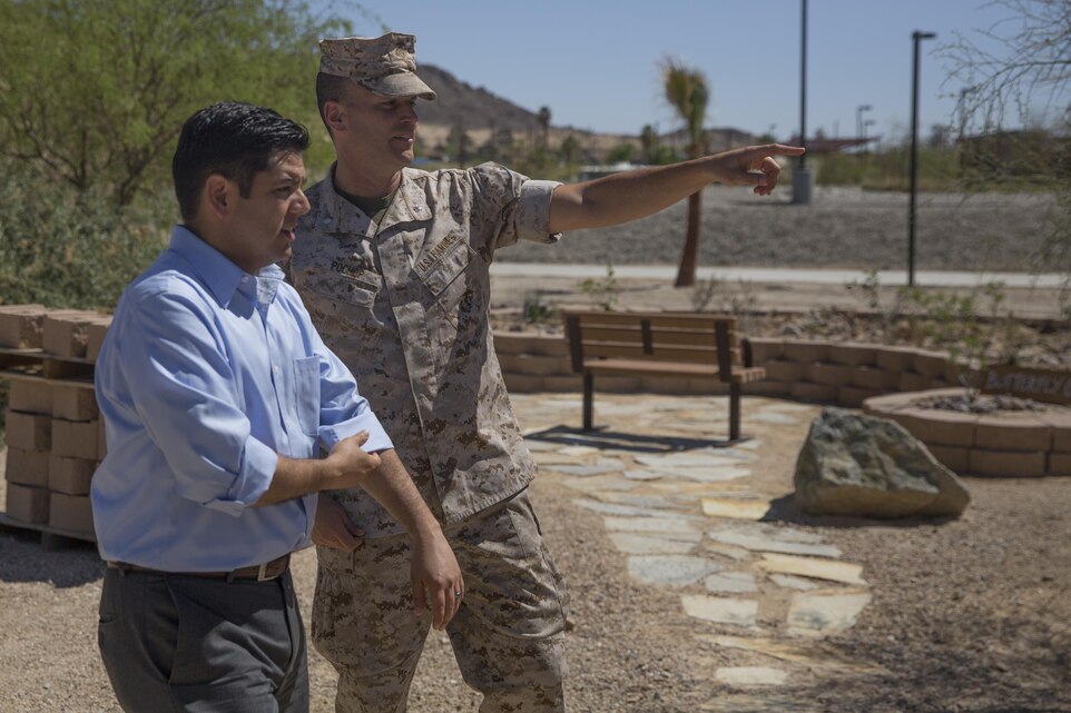 Lt. Col. Timothy Pochop, director, Natural Resources and Environmental Affairs, points out the different parts of the Archeology and Paleontology Curation Center to Congressman Raul Ruiz during his visit to the Combat Center, March 18, 2016. The congressman serves on the House Committee on Veterans Affairs and the House Committee on Natural Resources. (Official Marine Corps photo by Cpl. Medina Ayala-Lo/Released)