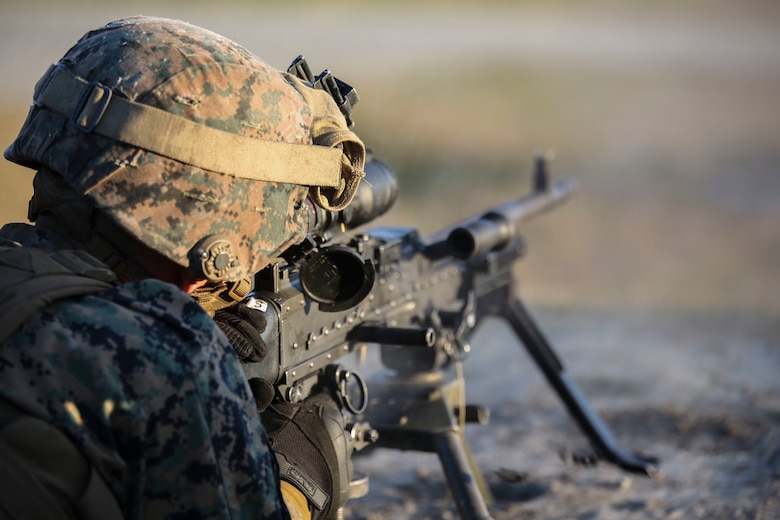 A Marine with 2nd Combat Engineer Battalion engages targets with an M240B machine gun during the machine gun range portion of the battalion’s sapper squad competition at Camp Lejeune, N.C., March 23, 2016. During this event, squads worked together to engage targets at ranges up to 800 meters. (U.S. Marine Corps photo by Cpl. Paul S. Martinez/Released)