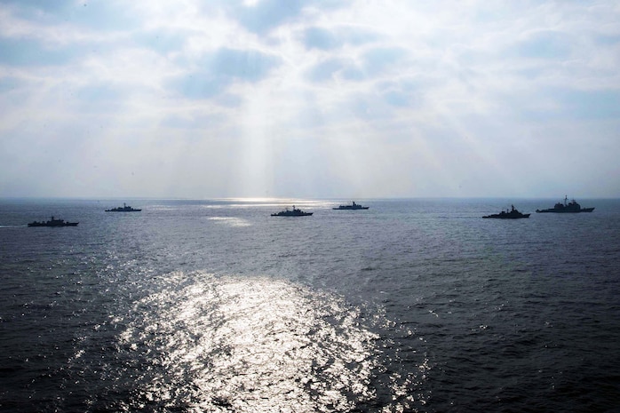The guided-missile cruiser USS Mobile Bay and five Republic of Korea navy ships steam together as part of exercise Foal Eagle 2016 in the Waters Surrounding the Korean Peninsula, March 20, 2016. Foal Eagle is an annual, bilateral training exercise designed to enhance the readiness of U.S. ROK forces, and their ability to work together during a crisis. Providing a ready force supporting security and stability in the Indo-Asia-Pacific, Mobile Bay is operating as part of the John C. Stennis Strike Group and Great Green Fleet on a regularly scheduled 7th Fleet deployment. U.S. Navy photo by Petty Officer 2nd Class Ryan J. Batchelder