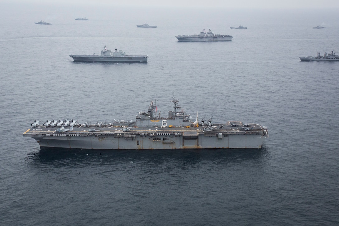The USS Bonhomme Richard (LHD 6) sails with U.S. Navy ships from the Boxer and Bonhomme Richard Amphibious Ready Groups as well as the Republic of Korea Navy ships of the Dokdo Amphibious Ready Group from the Republic of Korea as part of Ssang Yong 2016, March 8, 2016. Ssang Yong is a biennial military exercise focused on strengthening the amphibious landing capabilities of the Republic of Korea, the U.S., New Zealand and Australia. The Marines and sailors of the 31st Marine Expeditionary Unit are currently embarked on the ships of the Bonhomme Richard ARG for their spring deployment to the Asia-Pacific region. (U.S. Marine Corps photo by Cpl. Darien J. Bjorndal, 31st Marine Expeditionary Unit/ Released)