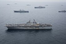 The USS Bonhomme Richard (LHD 6) sails with U.S. Navy ships from the Boxer and Bonhomme Richard Amphibious Ready Groups as well as the Republic of Korea Navy ships of the Dokdo Amphibious Ready Group from the Republic of Korea as part of Ssang Yong 2016, March 8, 2016. Ssang Yong is a biennial military exercise focused on strengthening the amphibious landing capabilities of the Republic of Korea, the U.S., New Zealand and Australia. The Marines and sailors of the 31st Marine Expeditionary Unit are currently embarked on the ships of the Bonhomme Richard ARG for their spring deployment to the Asia-Pacific region. (U.S. Marine Corps photo by Cpl. Darien J. Bjorndal, 31st Marine Expeditionary Unit/ Released)