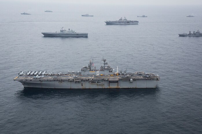 The USS Bonhomme Richard (LHD 6) sails with U.S. Navy ships from the Boxer and Bonhomme Richard Amphibious Ready Groups as well as the Republic of Korea Navy ships of the Dokdo Amphibious Ready Group from the Republic of Korea as part of Ssang Yong 2016, March 8, 2016. Ssang Yong is a biennial military exercise focused on strengthening the amphibious landing capabilities of the Republic of Korea, the U.S., New Zealand and Australia. The Marines and sailors of the 31st Marine Expeditionary Unit are currently embarked on the ships of the Bonhomme Richard ARG for their spring deployment to the Asia-Pacific region. (U.S. Marine Corps photo by Cpl. Darien J. Bjorndal, 31st Marine Expeditionary Unit/ Released)