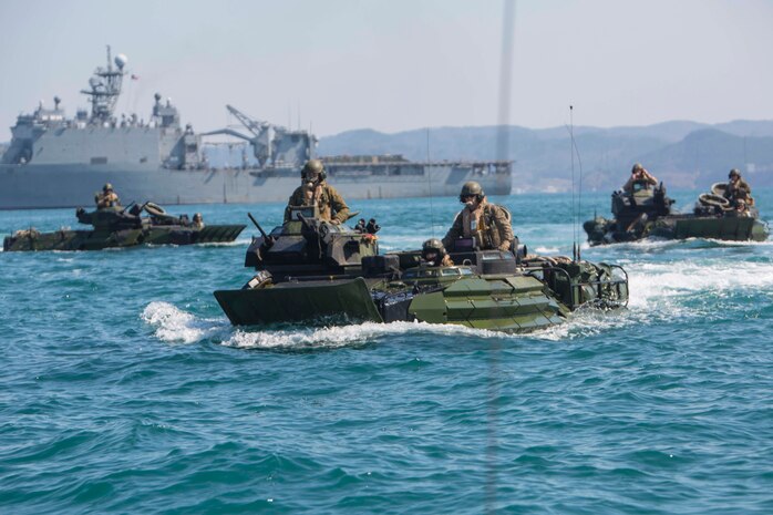 U.S. Marines with Alpha Company, Battalion Landing Team 1st Battalion, 5th Marines, 31st Marine Expeditionary Unit, conduct a combined amphibious assault on Dogu Beach, South Korea, in AAV-P7/A1 Amphibious Assault Vehicles as part of Ssang Yong 16, March 12, 2016.  Ssang Yong is a biennial combined amphibious exercise conducted by U.S. forces with the Republic of Korea Navy and Marine Corps, Australian Army and Royal New Zealand Army Forces in order to strengthen interoperability and working relationships across a wide range of military operations. The Marines and Sailors of the 31st MEU are in Korea as part of their spring deployment to the Asia-Pacific region. (U.S. Marine Corps photo by Lance Cpl. Carl King Jr./Released)