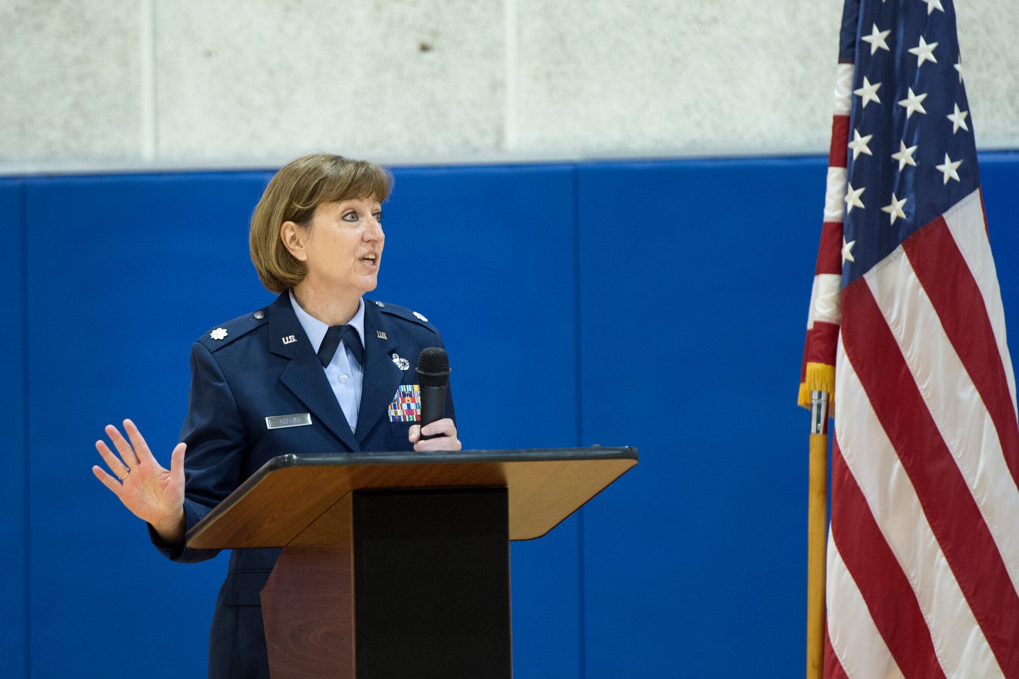 Lt. Col. Barbara Cheeks, 434th Force Support Squadron commander, addresses her troops after assuming command during the March unit training assembly at Grissom Air Reserve Base, March 5, 2016. The Kansas native came to Grissom after serving as the Air National Guard Liaison to the Total Force Service Center at Joint Base San Antonio Randolph, Texas. (U.S. Air Force photo/Tech. Sgt. Benjamin Mota)