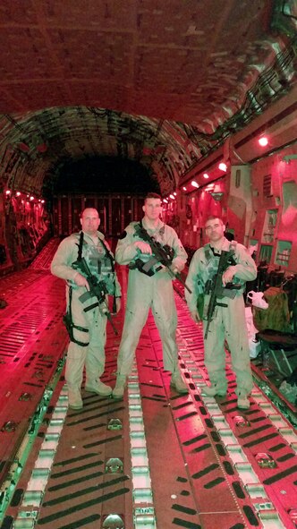 Phoenix Ravens from the 934th Security Forces Squadron, (from left) Master Sgt. Clinton Boyd, Master Sgt. Glen Kramlinger and Senior Master Sgt. Michael Ross, aboard a C-17 assisted a Charleston Air Crew with ground security in Southwest Asia. They spanned four countries in seven days.  

The Phoenix Raven program ensures an acceptable level of close-in security for aircraft transiting airfields where security is unknown or additional security is needed to counter local threats.

Teams of two to six specially trained and equipped security forces personnel deploy as aircrew members on AMC missions as designated by the AMC Threat Working Group. The Raven teams help detect, deter and counter threats to AMC aircraft by performing close-in aircraft security; advising aircrews on force protection measures; conducting airfield assessments and assisting aircrews in the performance of their duties when not performing their primary security duties. Phoenix Raven teams work on all types of AMC airlift missions including theater support missions, contingencies, exercises and deployments. (Courtesy Photo)

