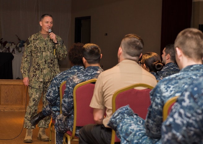 The Master Chief Petty Officer of the Navy, Mike Stevens answers several questions from more than 100 Sailors during an all hands event at the Joint Base Charleston – Weapons Station, S.C., March 24, 2016. Stevens was visiting the base as part of a two-week tour of East Coast military bases, from Norfolk, Virginia to Key West Fla. He wanted to communicate face-to-face with Sailors. (U.S. Air Force photo/Staff Sgt. Jared Trimarchi)