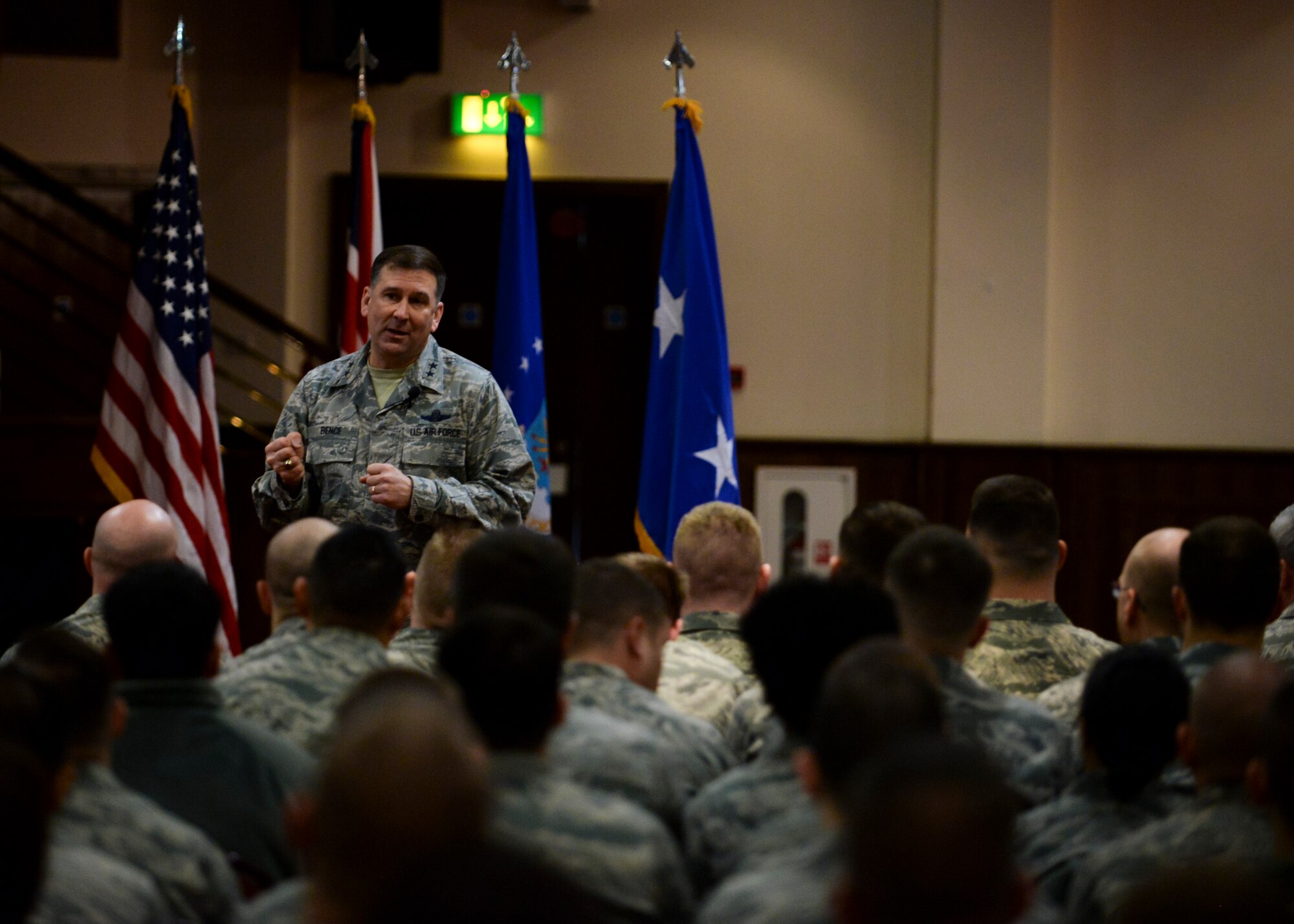 U.S. Air Force Maj. Gen. Christopher Bence, 3rd Air Force vice commander, speaks to enlisted Airmen during an all call March 24, 2016, at RAF Mildenhall, England. Bence hosted three separate all call’s during his visit to speak with Airmen of all ranks and spoke about his leadership philosophy as well as provided feedback on Airmen development. (U.S. Air Force photo by Senior Airman Victoria H. Taylor/Released)