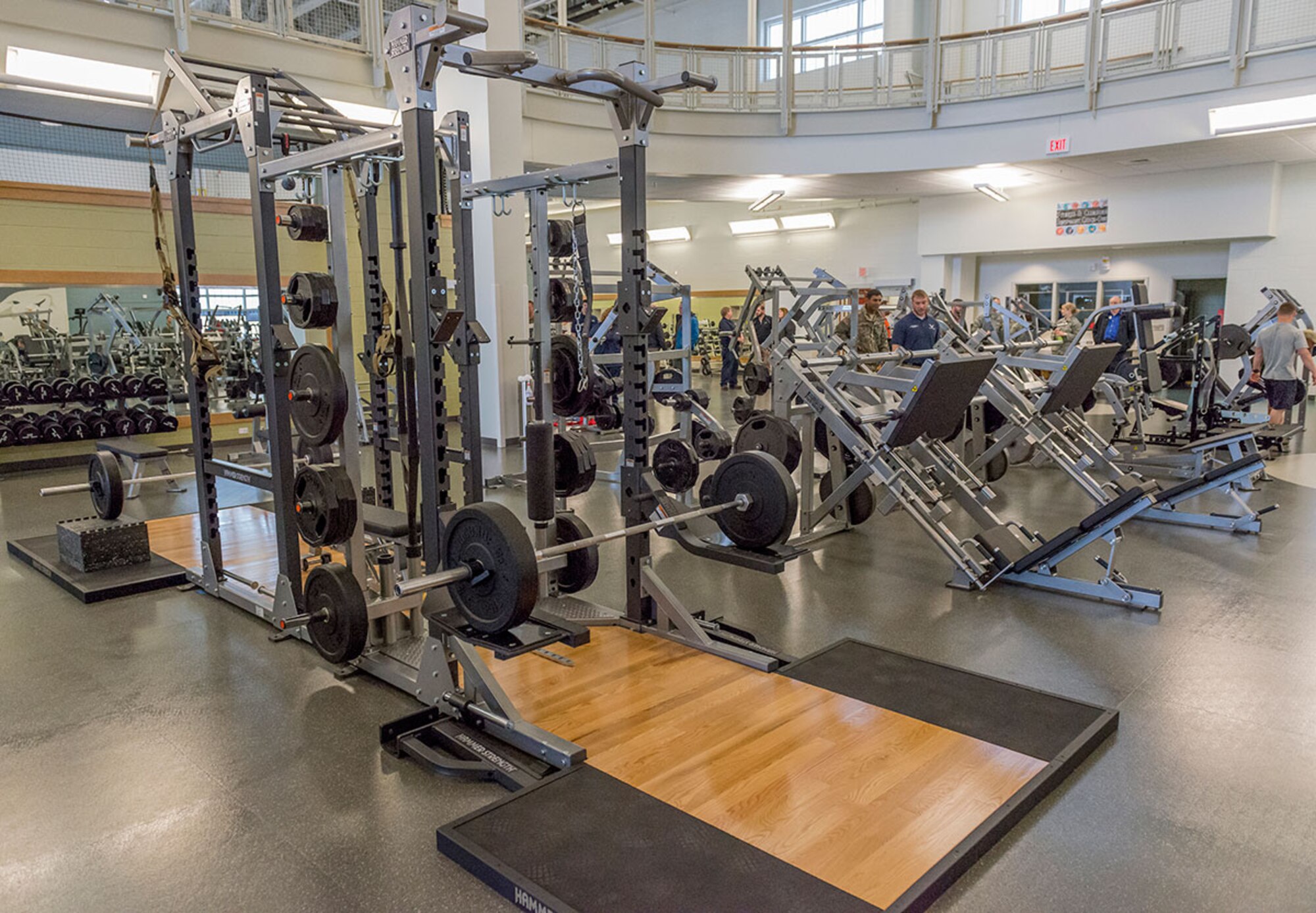Free weights sit ready for use following a ribbon-cutting ceremony at the new Buckner Physical Fitness Center expansion March 21. The 35,000 square-foot state-of-the-art addition to Buckner also includes an aquatic center, Pulastic court, rock climbing wall, indoor running track and a plethora of new strength and cardio machines. (U.S. Air Force photo by Staff Sgt. Wes Wright)