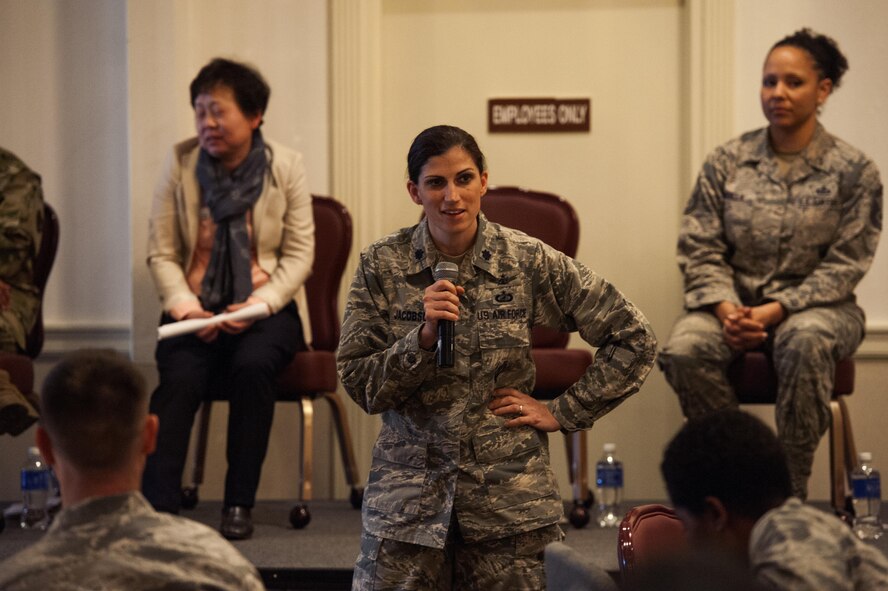 Lt. Col. Angela Jacobson, 8th Fighter Wing chief of command post, gives a speech during a Women’s History Month panel at Kunsan Air Base, Republic of Korea, March 25, 2016. March commemorates the milestones passed and sacrifices made by women in the defense of the U.S. (U.S. Air Force photo by Staff Sgt. Nick Wilson/Released)