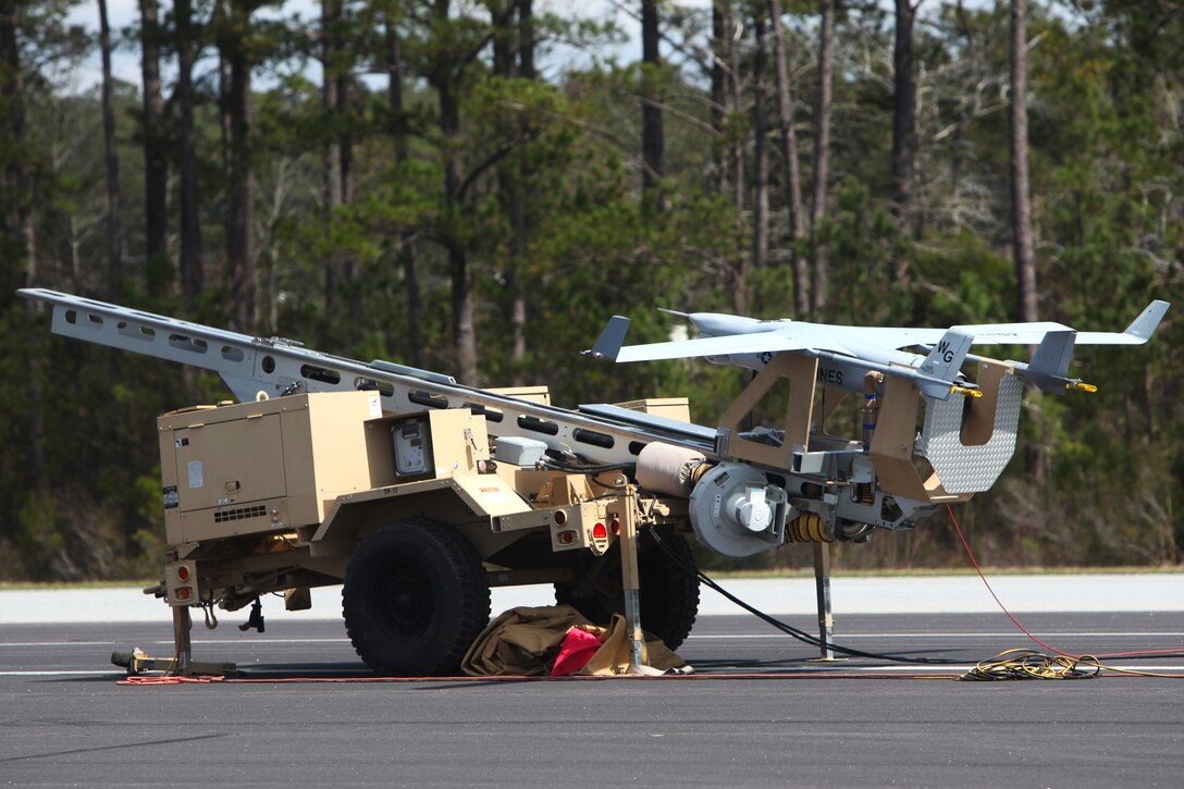 An RQ-21A Blackjack is prepared for its first flight into Class D airspace over Marine Corps Air Station Cherry Point, N.C., March 21, 2016. The Blackjack is designed to operate off a Marine Expeditionary Unit in support of ground forces deployed worldwide. (U.S. Marine Corps photo by Pfc. Nicholas P. Baird/Released)
