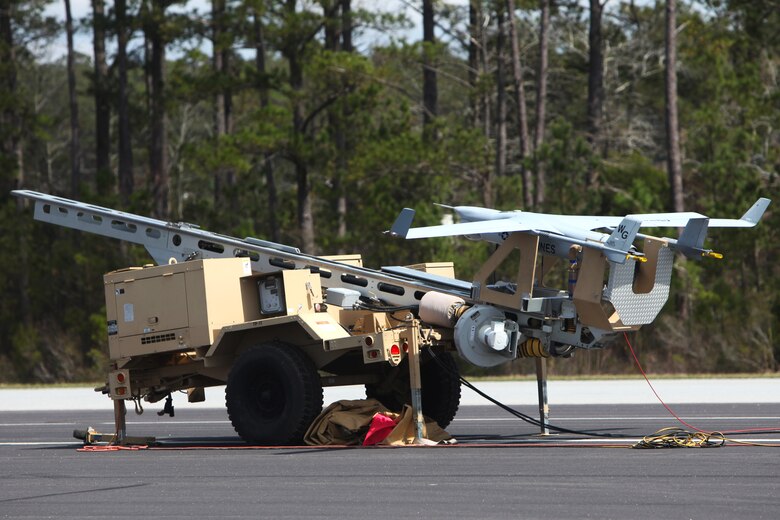 An RQ-21A Blackjack is prepared for its first flight into Class D airspace over Marine Corps Air Station Cherry Point, N.C., March 21, 2016. The Blackjack is designed to operate off a Marine Expeditionary Unit in support of ground forces deployed worldwide. (U.S. Marine Corps photo by Pfc. Nicholas P. Baird/Released)