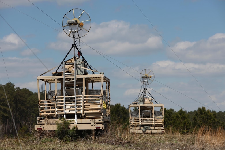 Ground data terminal satellite panels are positioned during the first RQ-21A Blackjack flight into Class D airspace over Marine Corps Air Station Cherry Point, N.C., March 21, 2016. The RQ-21A Blackjack system is modular, flexible and multi-mission capable, providing roll-on, roll-off transitions between land and maritime environments. (U.S. Marine Corps photo by Pfc. Nicholas P. Baird/Released)