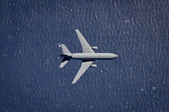 A KC-10 Extender from the 305th Air Mobility Wing flies over the Atlantic Ocean March 18, 2016. The wing is stationed at Joint Base McGuire-Dix-Lakehurst, N.J. (U.S. Air National Guard photo/Tech. Sgt. Matt Hecht)