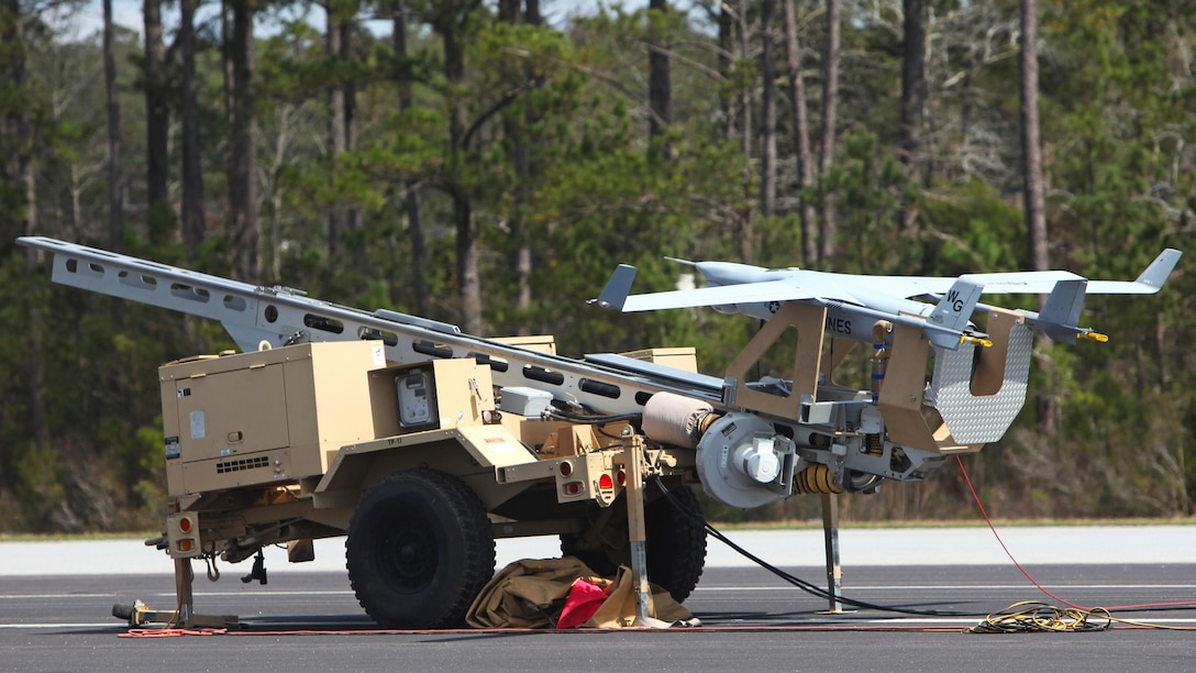 An RQ-21A Blackjack is prepared for its first flight into Class D airspace over Marine Corps Air Station Cherry Point, North Carolina, March 21, 2016. The Blackjack is designed to operate off a Marine Expeditionary Unit in support of ground forces deployed worldwide.