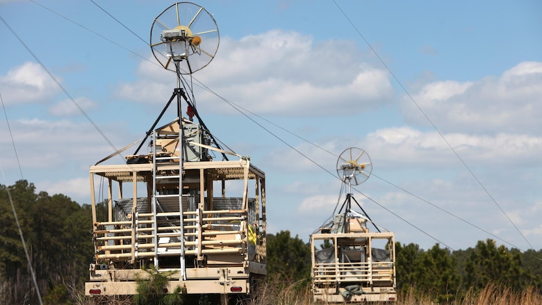 Ground data terminal satellite panels are positioned during the first RQ-21A Blackjack flight into Class D airspace over Marine Corps Air Station Cherry Point, North Carolina, March 21, 2016. The RQ-21A Blackjack system is modular, flexible and multi-mission capable, providing roll-on, roll-off transitions between land and maritime environments.