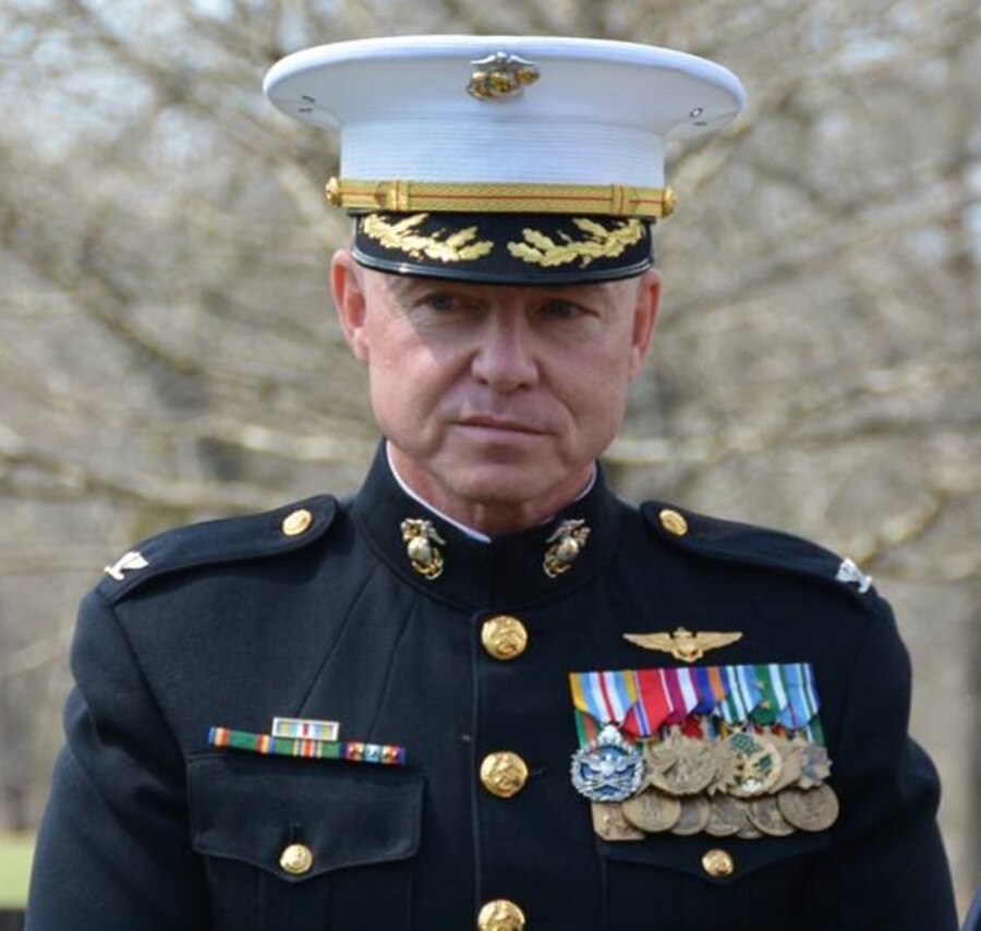 Col. Allen Broughton, chief of staff, MCB Quantico, prepares his remarks during the annual James Madison Wreath-Laying Ceremony held at Montpelier, March 16.